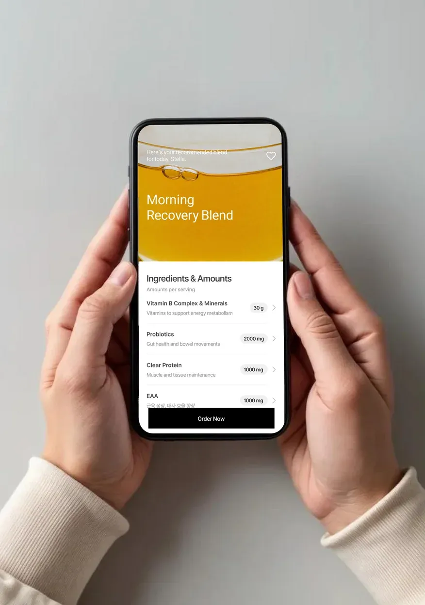 Screen showing a personalized recipe in the user app